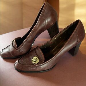 Etienne Aigner Brown Leather Mid Block Heel Loafers